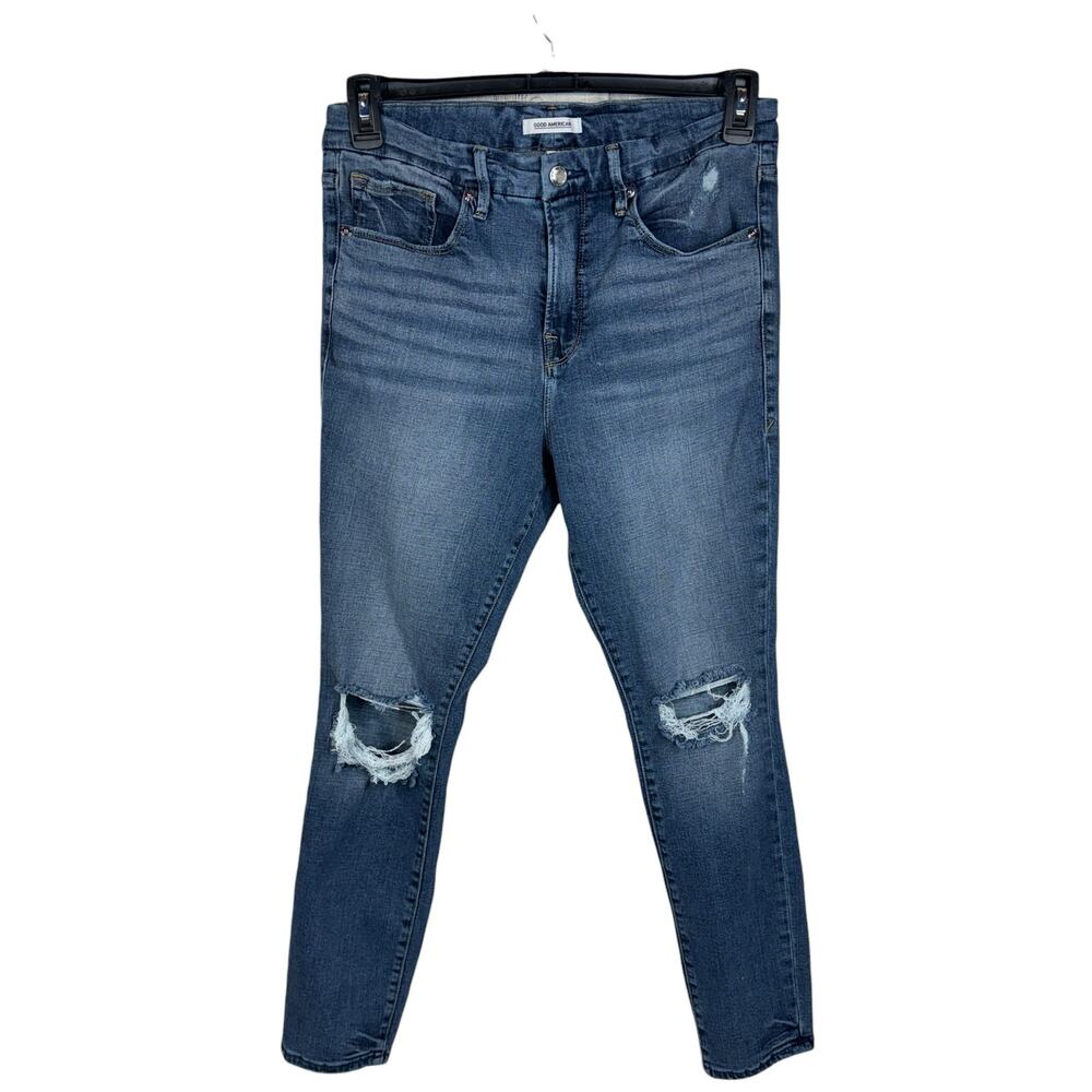 Good American SZ 12/31 Good Legs Crop Jeans Distressed Stretch Hi-Rise Zip-Fly